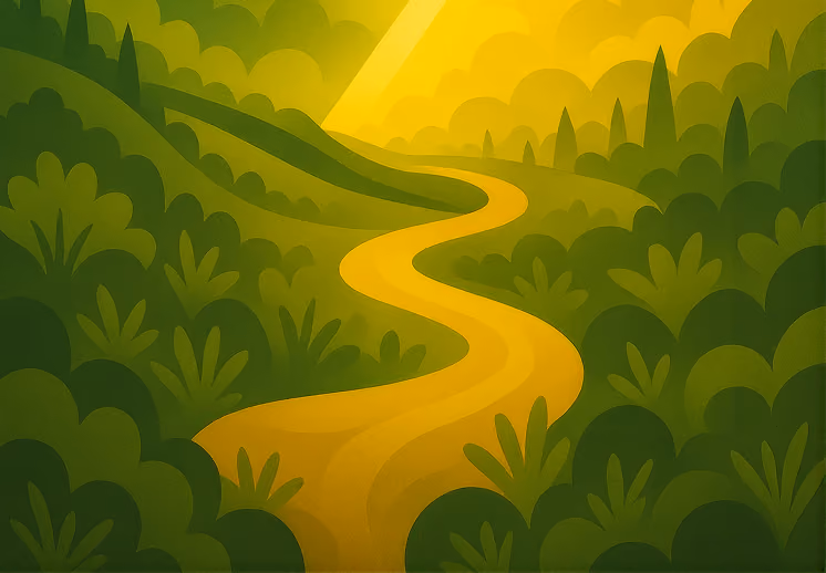 A golden river winding through green hills