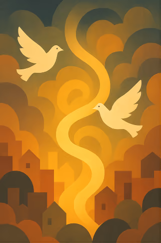 White birds above an amber hillside town
