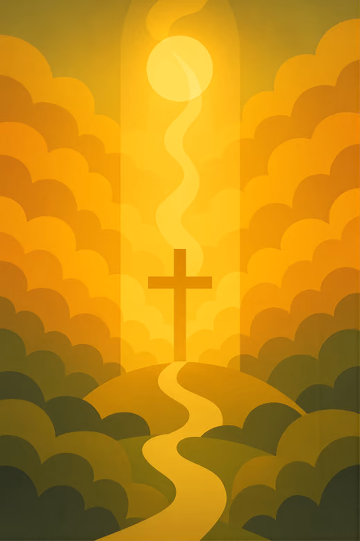 A glowing sun above a winding golden path