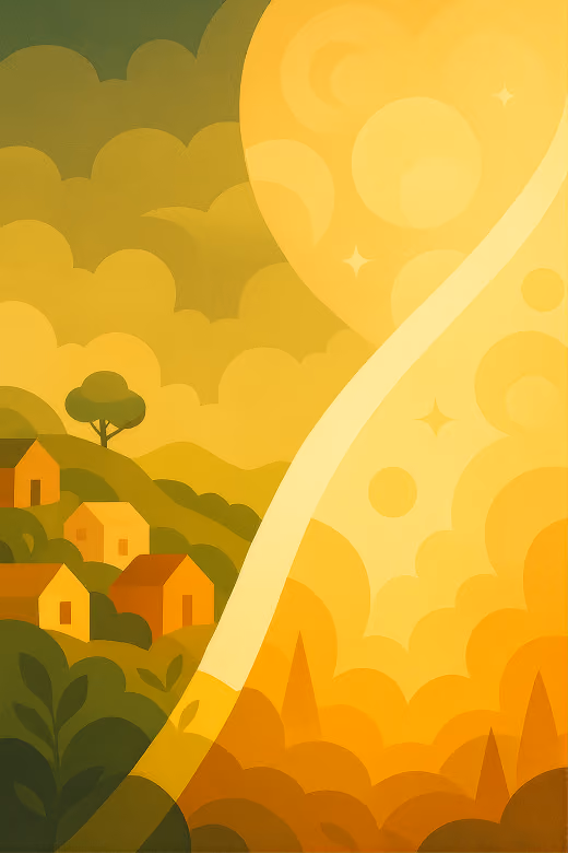 A hillside village beside a sweeping ribbon of sunlight