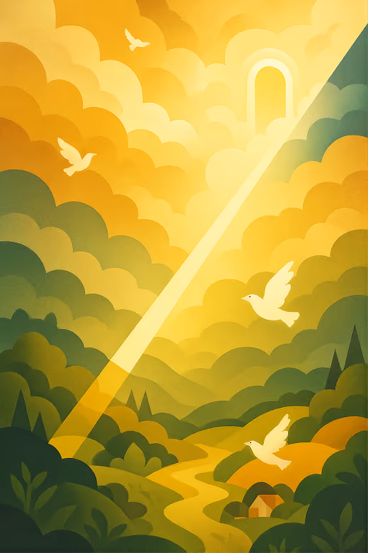 Birds flying over green hills toward a sunlit doorway