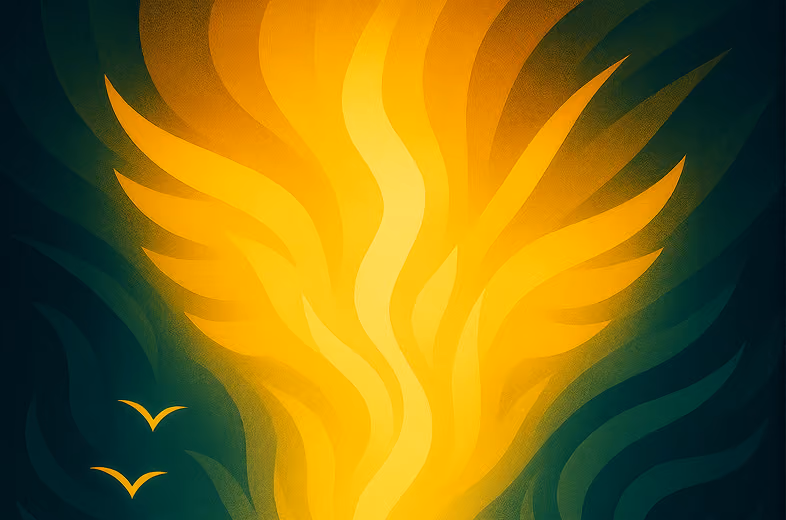 Golden light flowing between dark teal wings and birds
