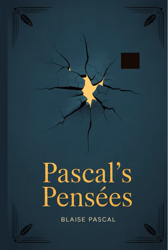 Book cover of Pascal's Pensées by Blaise Pascal with a dark background and a cracked design revealing yellow light in the center.