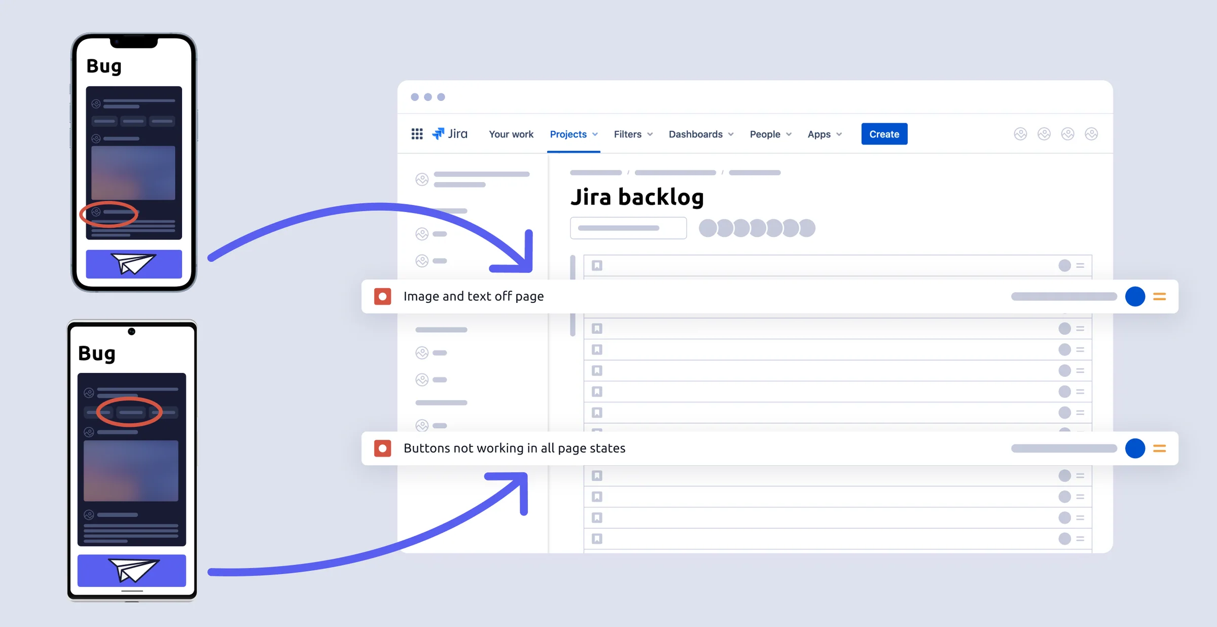 Diagram showing mobile bug captures becoming issues in a Jira backlog