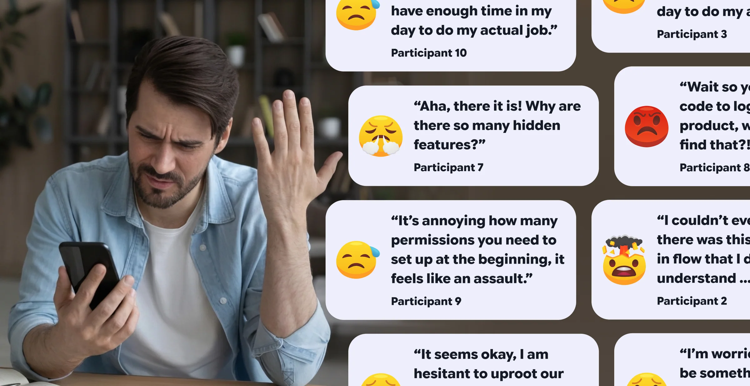 Participant feedback highlighting time pressure, hidden features, permissions, and a confusing flow
