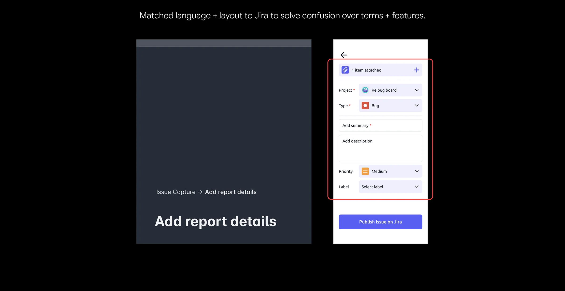 Mobile issue form aligned with Jira fields for project, type, summary, priority, and labels
