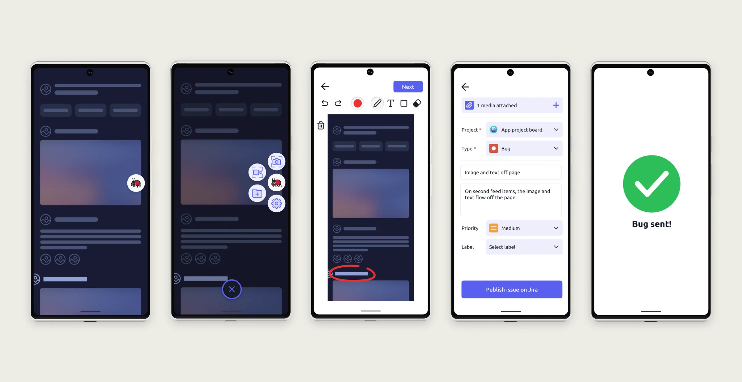 Mobile bug-report flow from capture and editing to Jira fields and confirmation