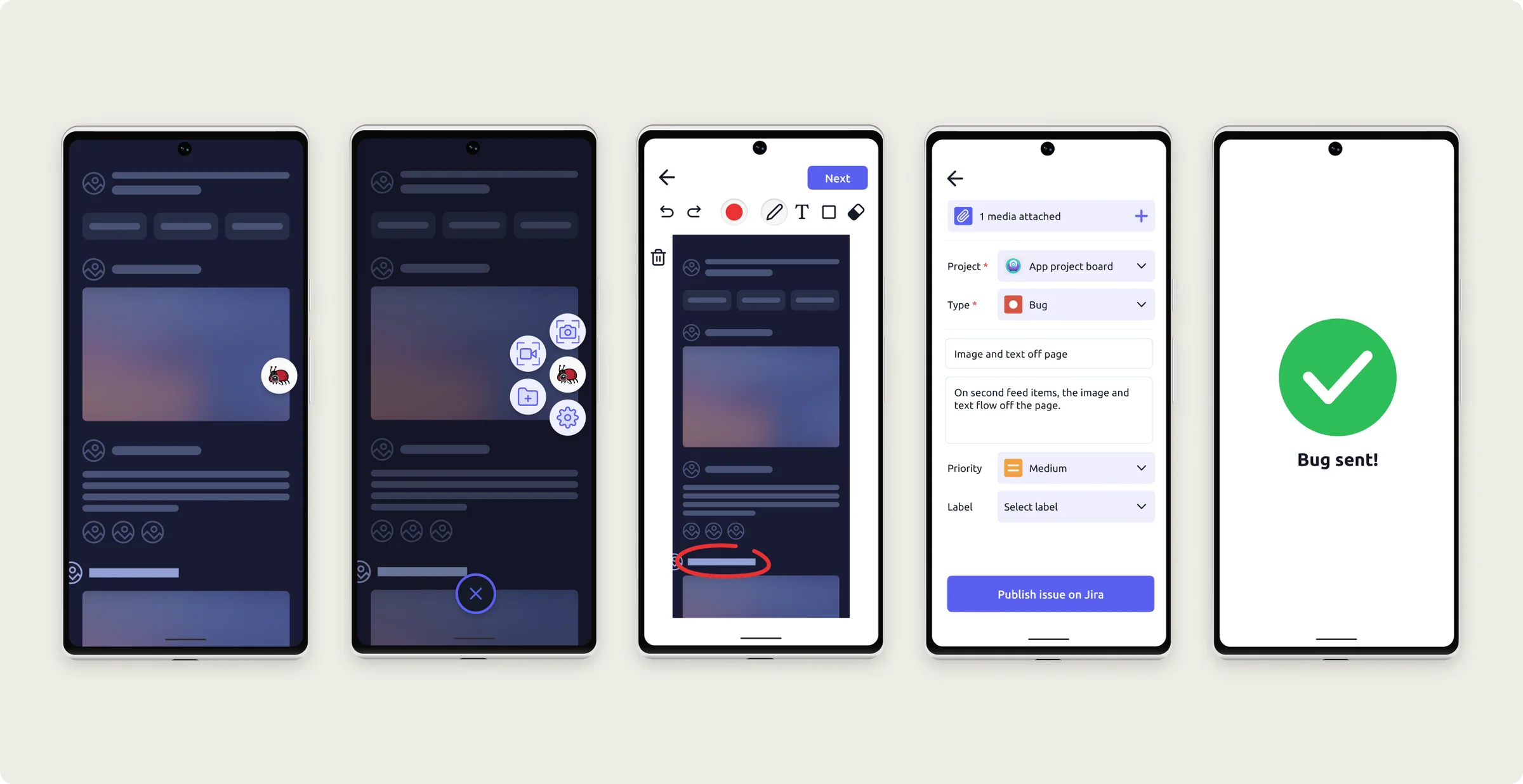 Mobile bug-report flow from capture and editing to Jira fields and confirmation