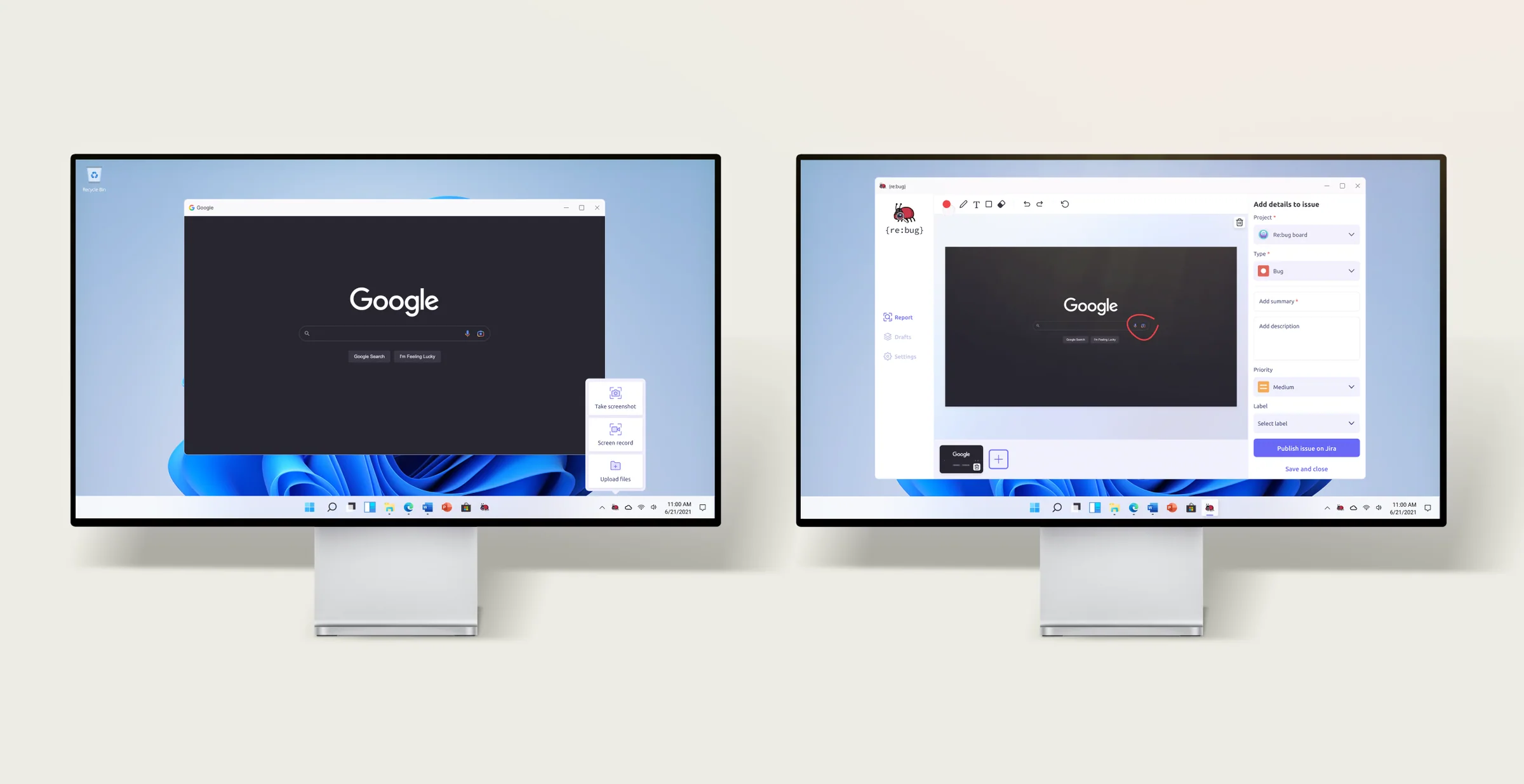 Desktop capture menu and Jira issue composer displayed side by side