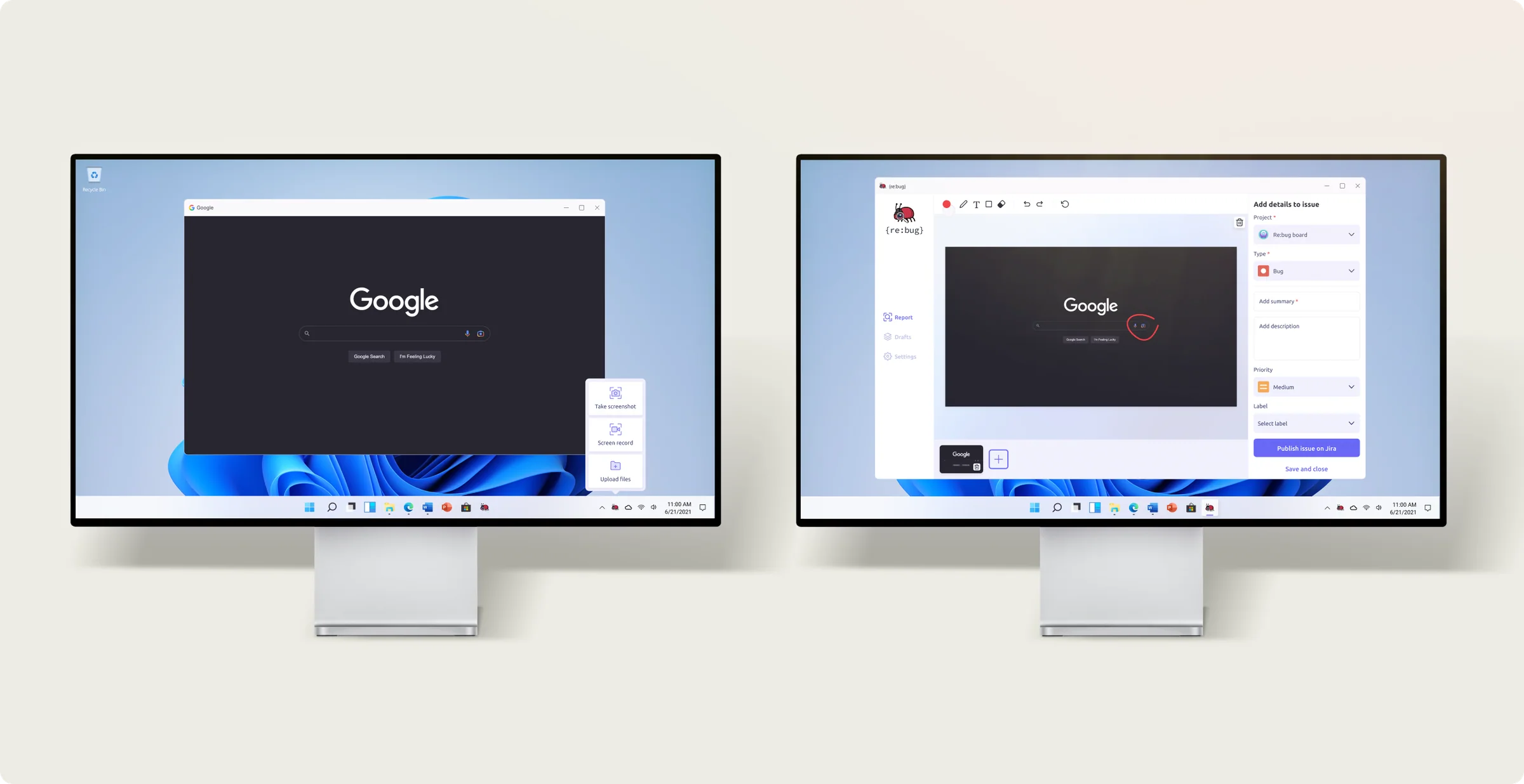 Desktop capture menu and Jira issue composer displayed side by side