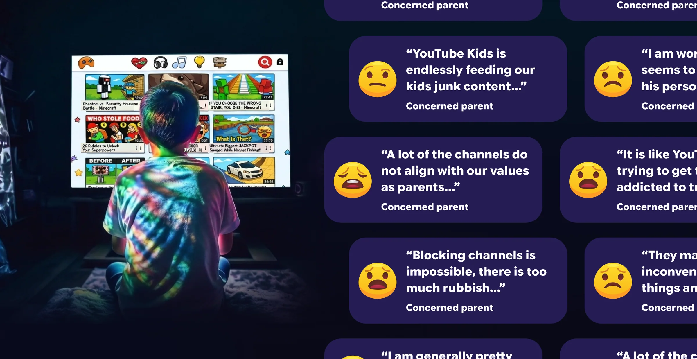 Child watching YouTube beside a parent's concerns about unsuitable content and supervision