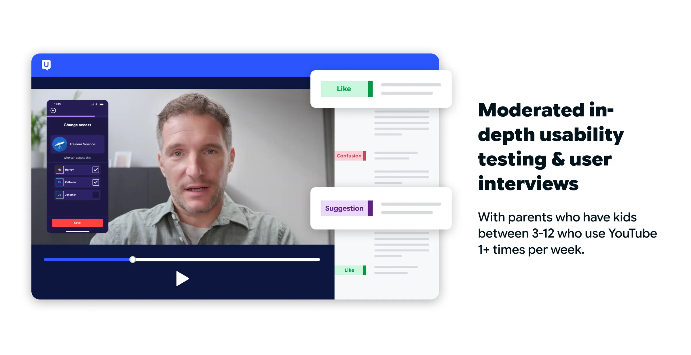 Moderated remote usability interview with a parent, alongside prototype screens and research notes
