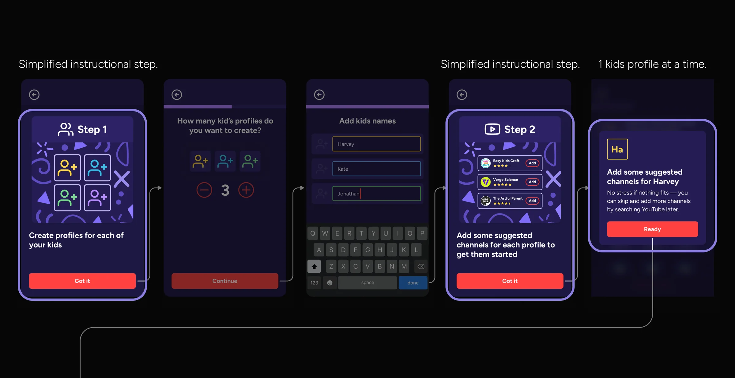 Revised setup flow with simpler steps and one child profile configured at a time