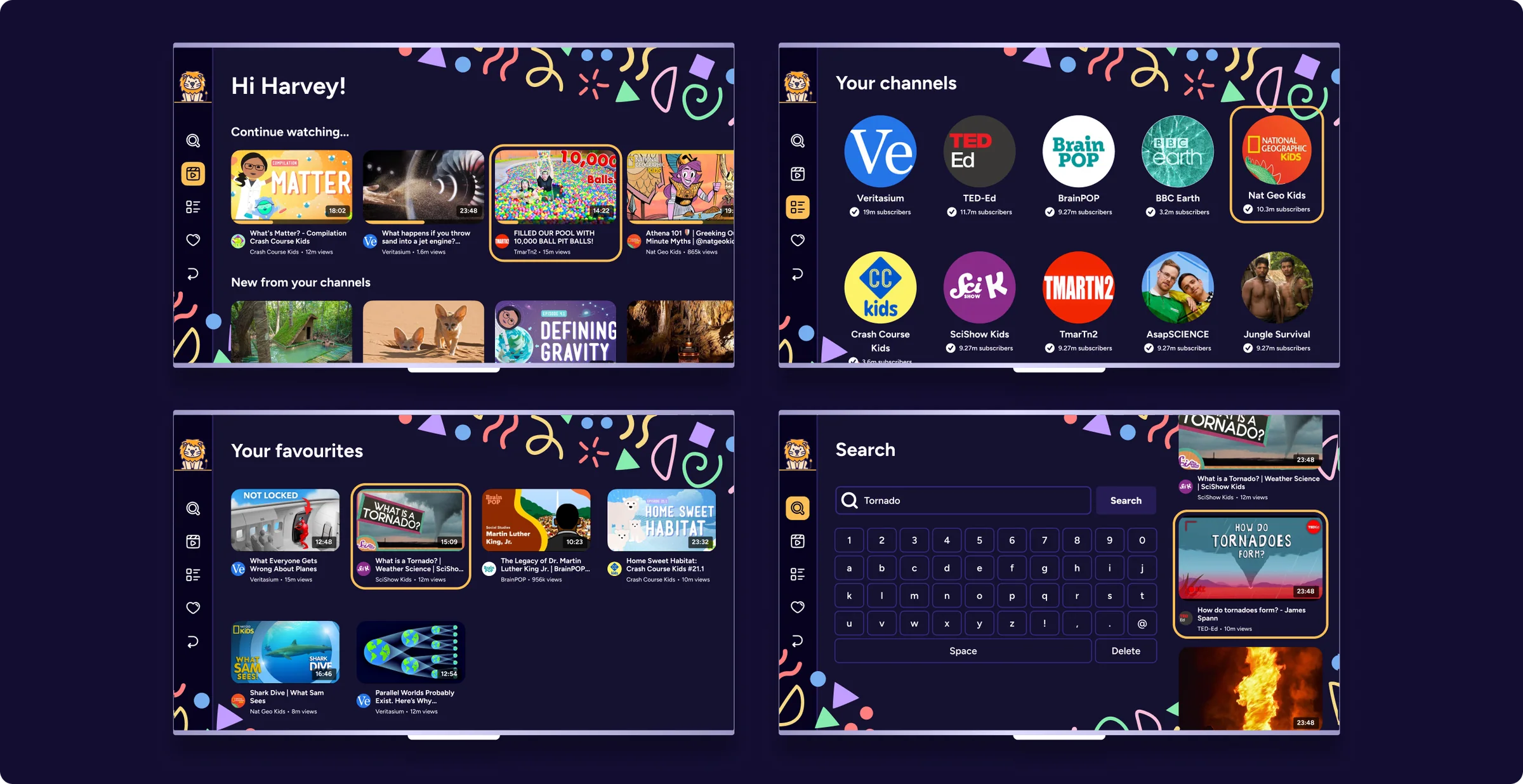 Child television screens for watching videos, approved channels, favourites, and search