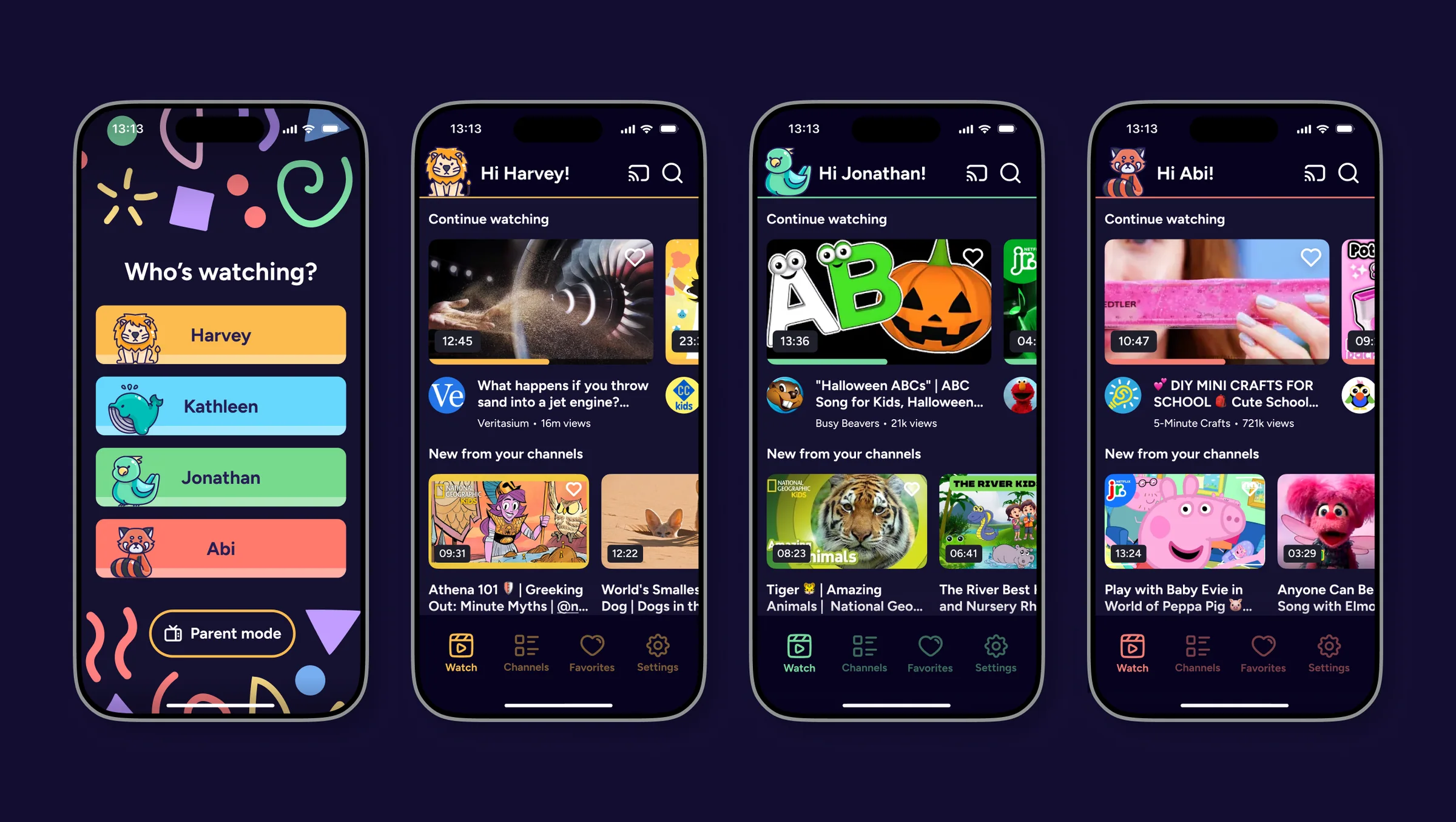 Child profile selector and personalised mobile home screens for three children
