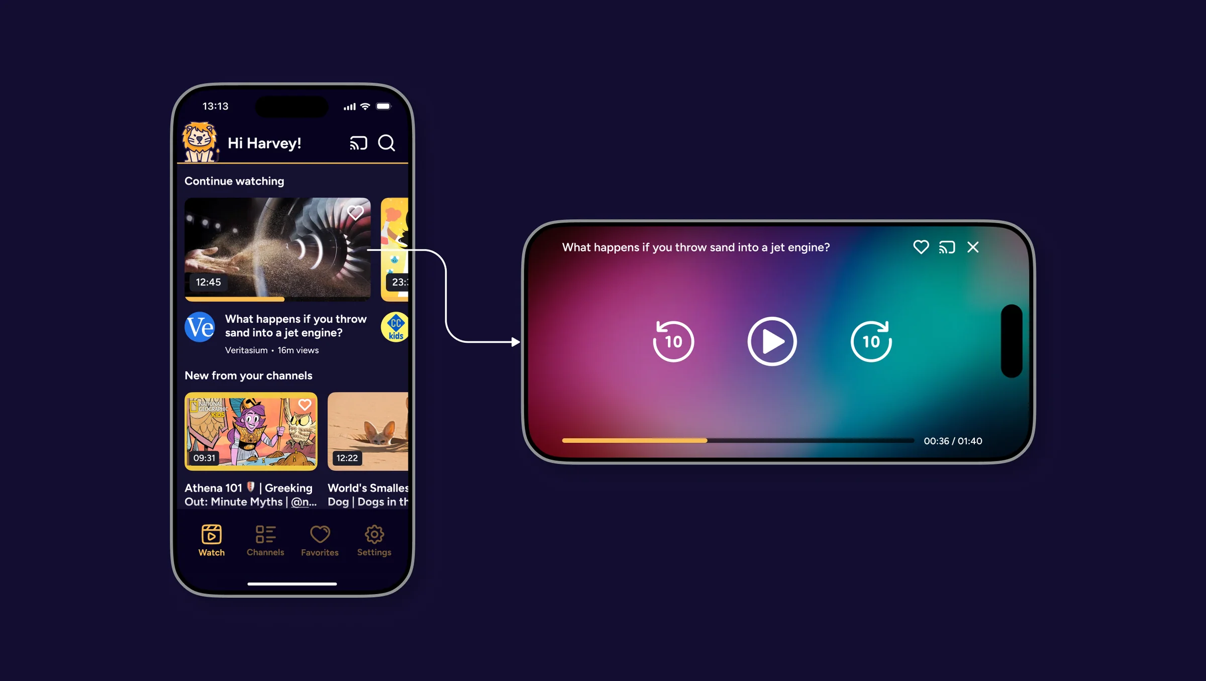 Pacifier Mode handing off from the child's portrait home screen to a landscape video player