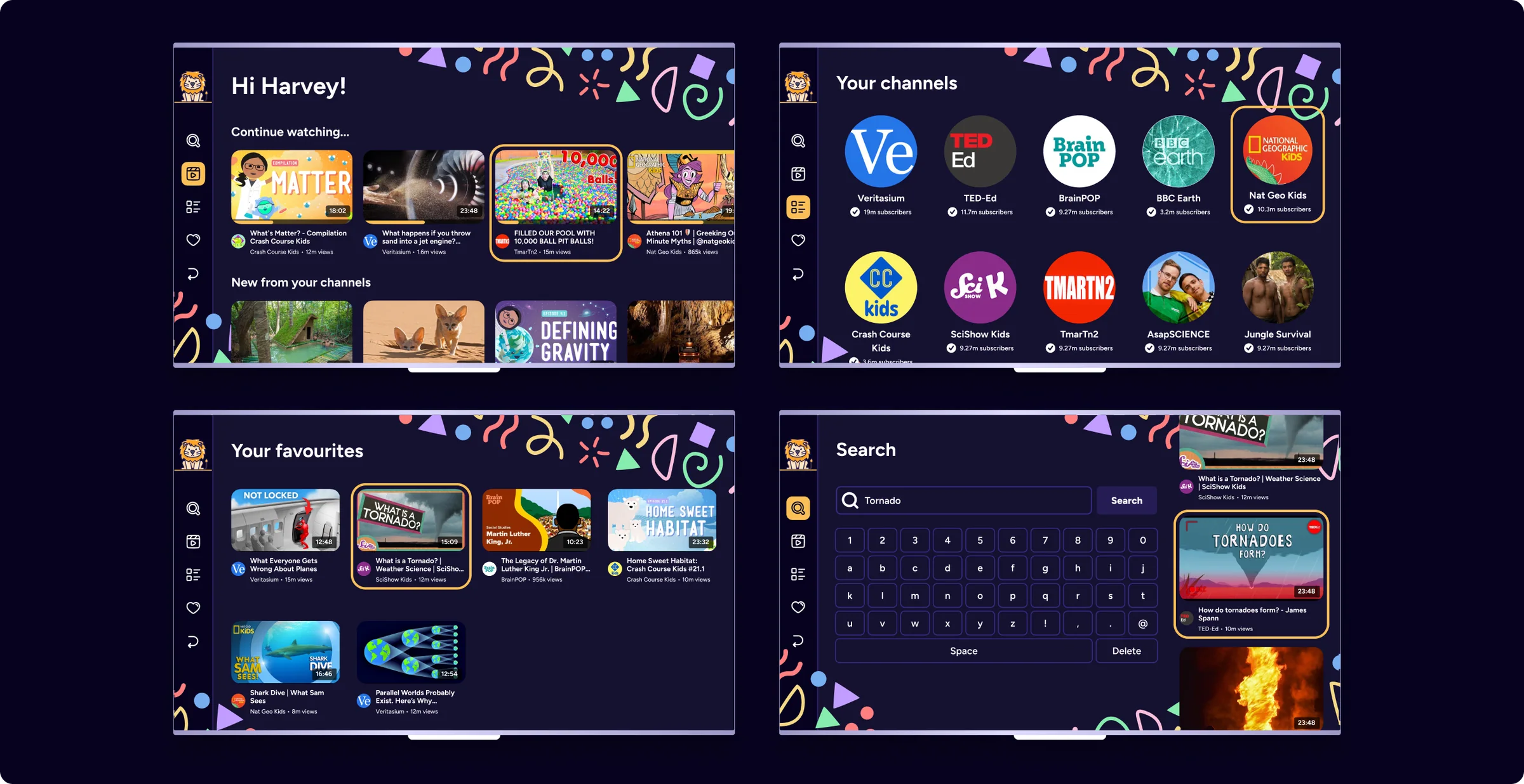 Child television screens for watching videos, approved channels, favourites, and search