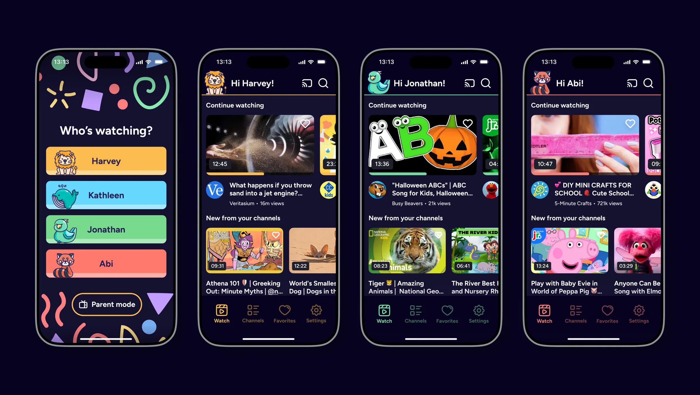 Child profile selector and personalised mobile home screens for three children