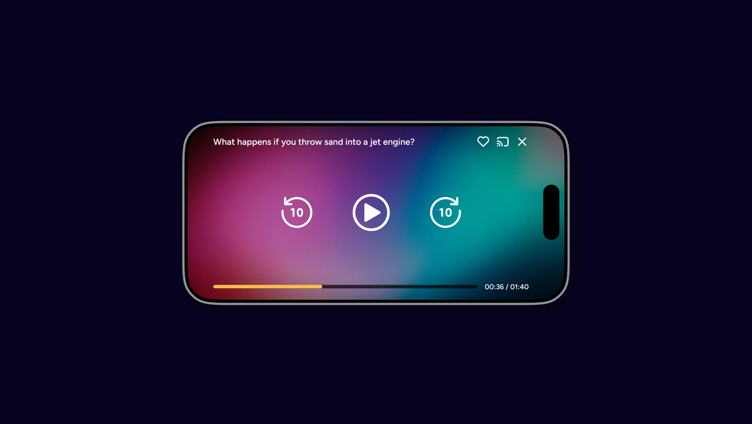 Landscape mobile video player with rewind, pause, fast-forward, and progress controls