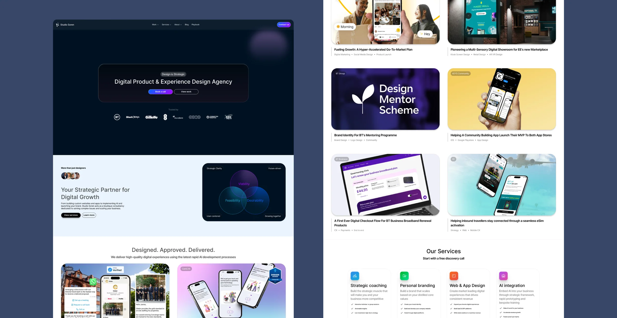 Original dark Studio Soren homepage, work, and services pages