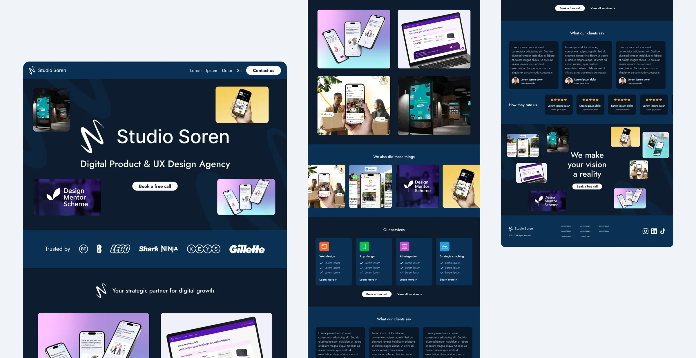 Early long-form homepage wireframe using the original dark visual direction