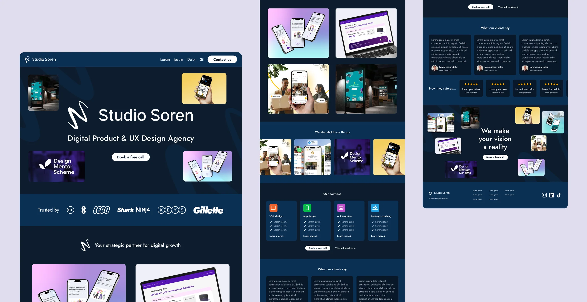 Original dark Studio Soren homepage, work, and services pages