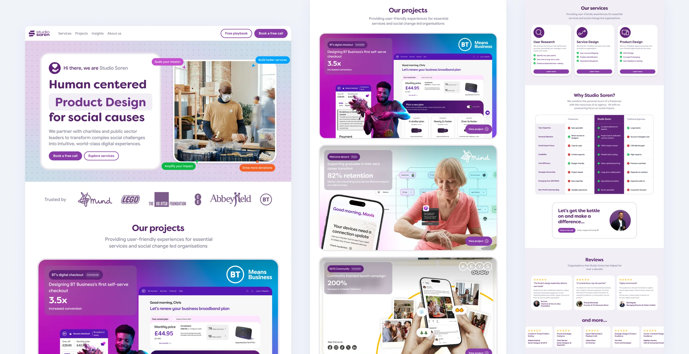 Light homepage concept focused on social-impact projects and service comparison