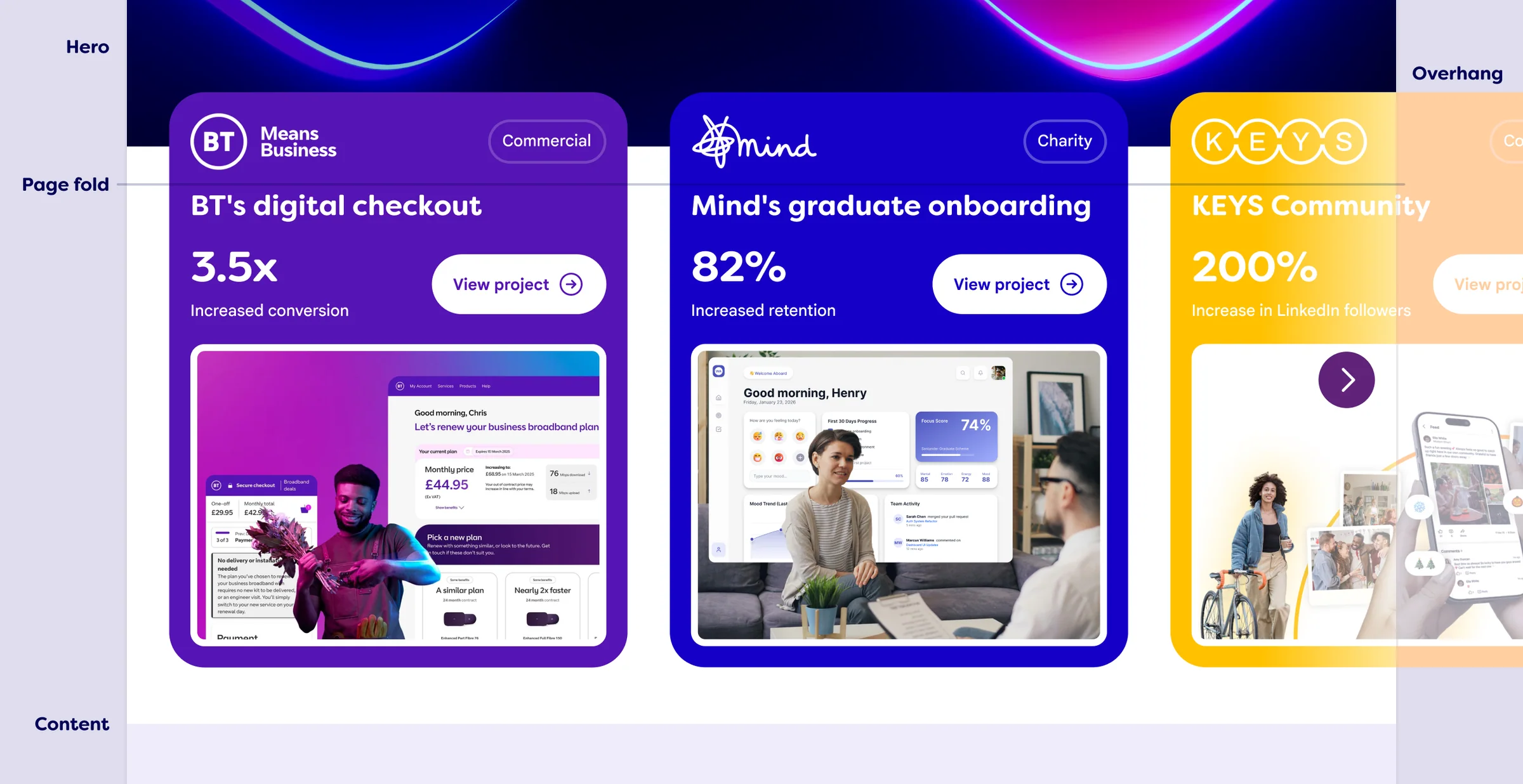 Project-card sizing study bringing client work and outcome metrics above the fold