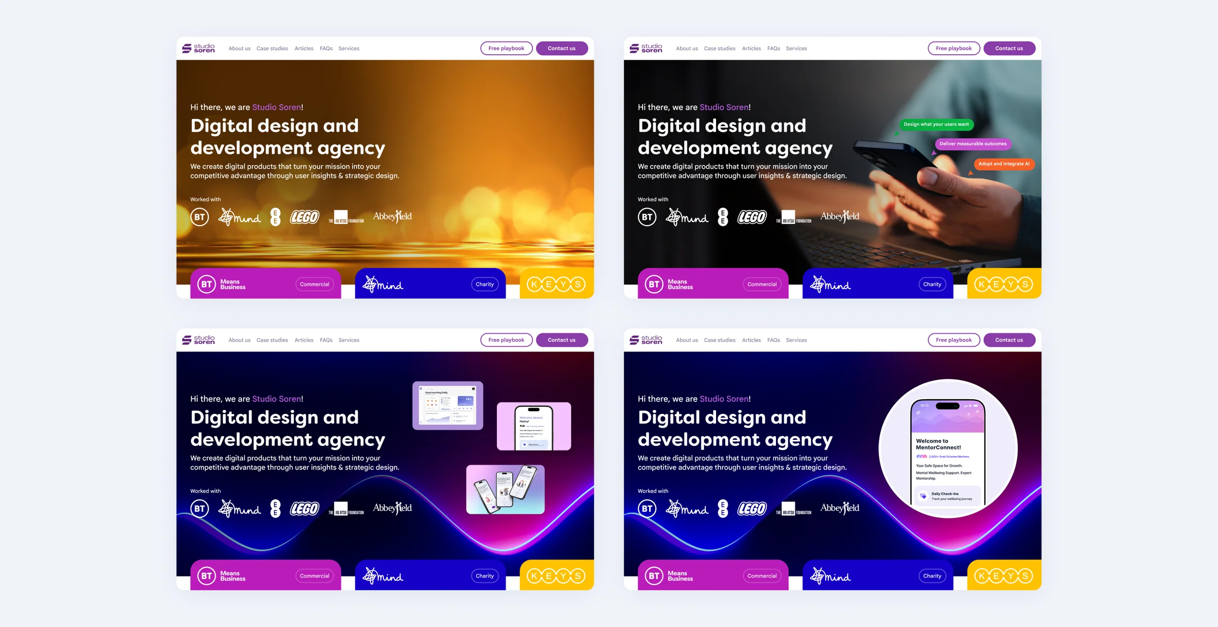 Four explored homepage hero directions using gold and neon imagery