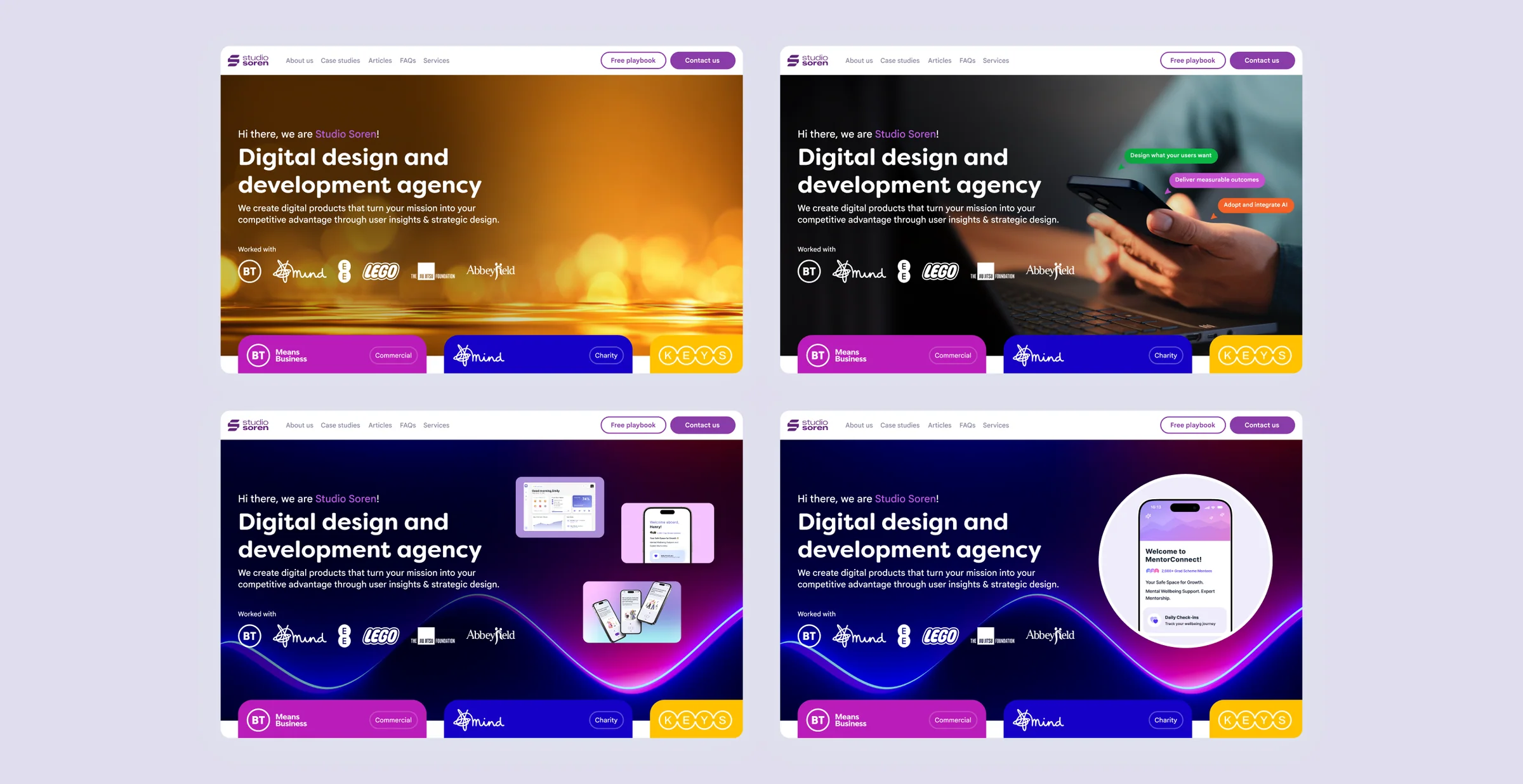 Four explored homepage hero directions using gold and neon imagery